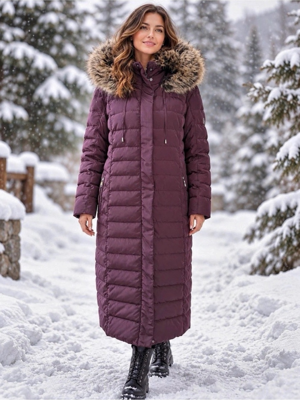 Nuage Quilted Long Down Coat Faux Fur Hood Rich Plum Color Women Size XL